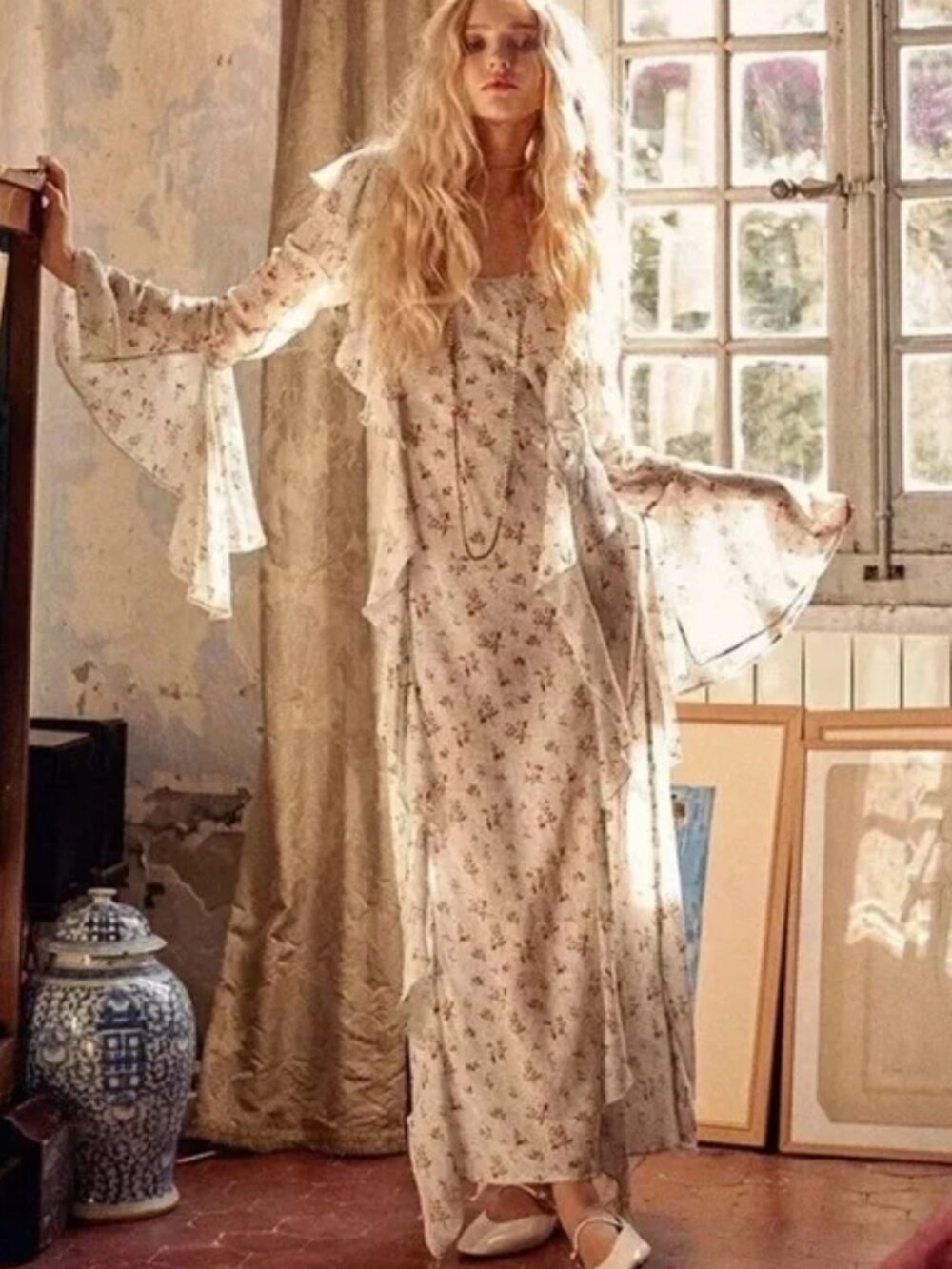 SPELL Gypsy NWOT Fleur Frill Dress Ethereal, flowy Bias cut Maxi Teapot Blue M